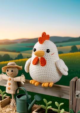 Crochet Chicken and Scarecrow on Fence
