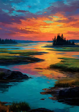 Vibrant Sunset Over Marshland Painting