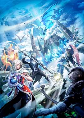 Fantasy Battle with Dragon and Warriors