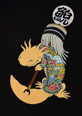 Tattooed Axolotl on Crescent Moon