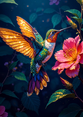 Hummingbird and Pink Flower