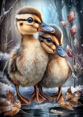 Two Ducklings in Winter Scene