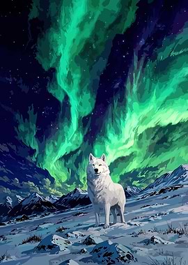 White Wolf Under Aurora Borealis