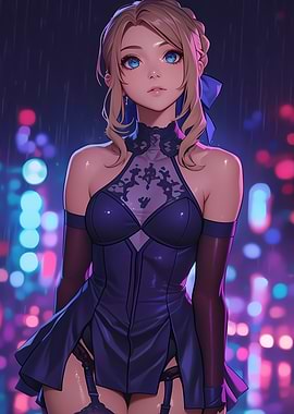 Anime Girl in Cityscape at Night