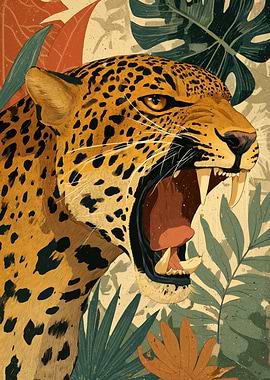 Roaring Jaguar in Tropical Foliage Art