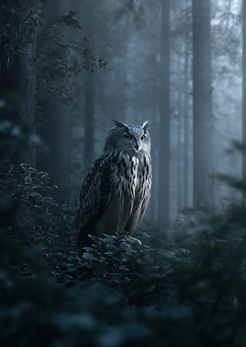 Owl in Misty Forest