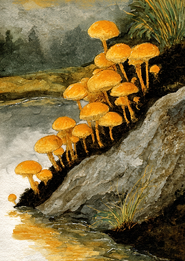 Watercolor Painting of Golden Mushrooms