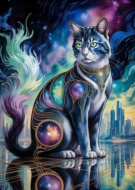 Cosmic Cat in Futuristic Cityscape