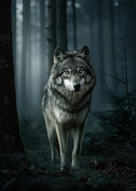 Wolf in Misty Forest