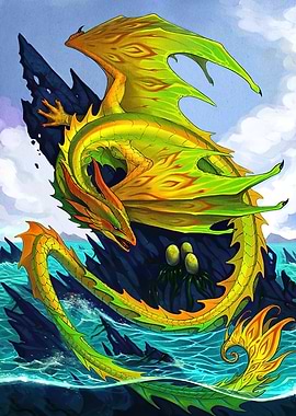 Green and Gold Dragon by the Sea