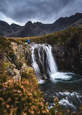 Waterfall in Scotland with person