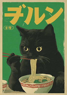 Black Cat Eating Ramen