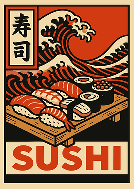 Sushi Poster Japanese Style Wall Art Waves Illustration Asian Food Kitchen Decor
