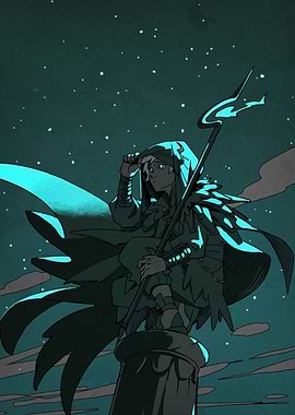 Hooded Figure on Pedestal Under Stars