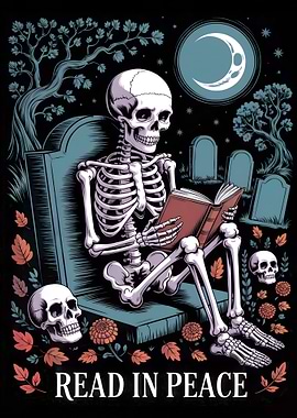Skeleton Reading in Graveyard Illustration