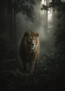 Lion in Misty Forest