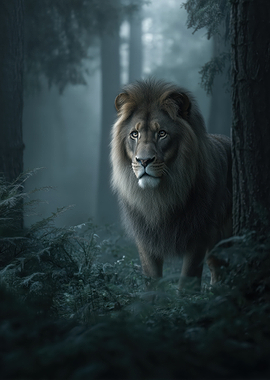 Lion in Misty Forest