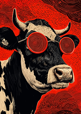 Cow with Swirl Glasses Poster Psychedelic Cow Wall Art Bold Red Illustration Print