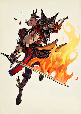 Anthropomorphic Cat Warrior with Sword and Fire