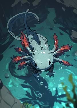 Axolotl swimming in teal water