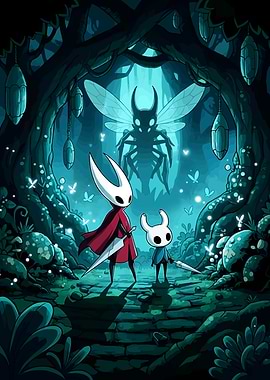 Hollow Knight characters in a forest