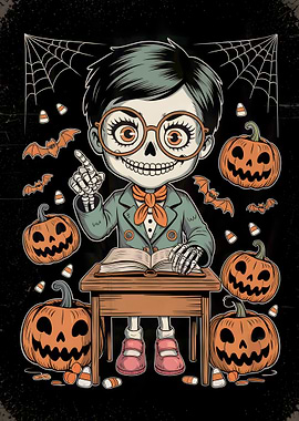 Halloween Skeleton Student with Pumpkins