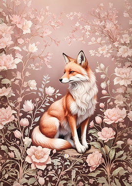 Fox in Pink Floral Garden