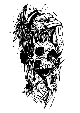 Raven and Skull with Arrow Illustration