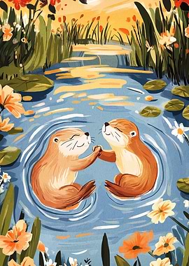 Otters Holding Hands in Pond
