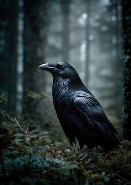Raven in a Misty Forest