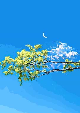 Tree Branch, Moon, and Blue Sky