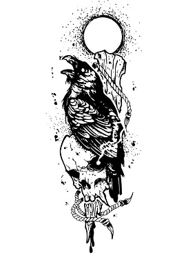 Raven and Skull Black Ink Illustration