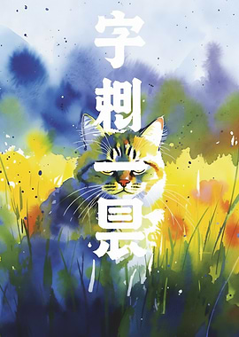 Watercolor Cat in Field with Text