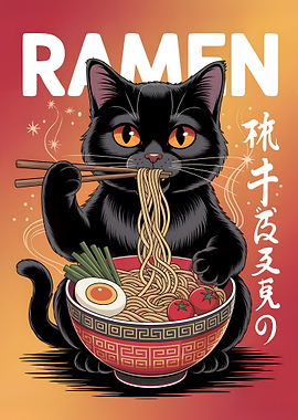 Black Cat Eating Ramen Illustration