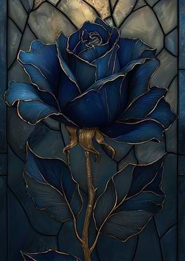 Blue Rose with Golden Outline Stained Glass