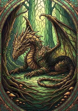 Dragon in Forest Stained Glass Style
