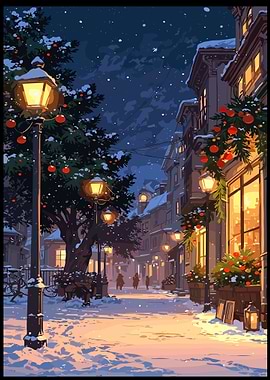 Snowy Christmas street at night
