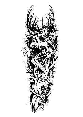 Skull and Flora Blackwork Illustration