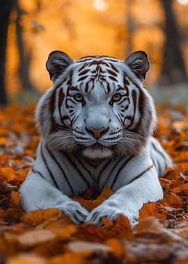 White Tiger in Autumn Leaves