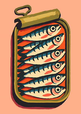 Sardines Can Poster Vintage Style Fish Illustration Minimal Food Wall Art Print