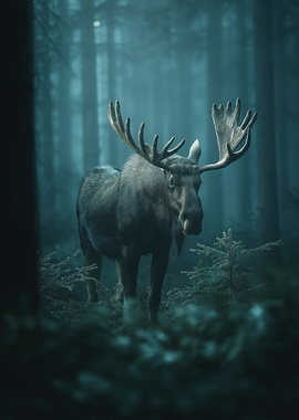 Moose in a Misty Forest