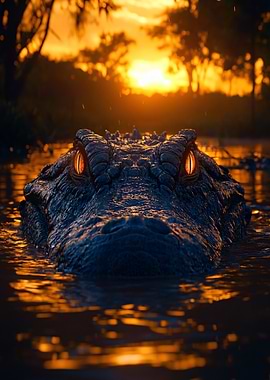 Alligator in Water at Sunset