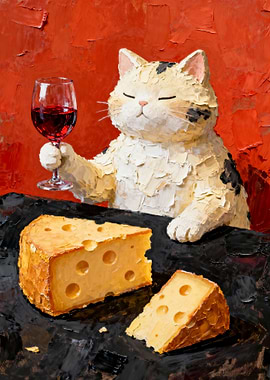 Cat with Wine and Cheese Painting