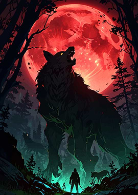 Wolf Howling at Red Moon