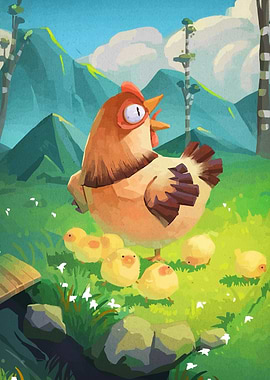 Cartoon Chicken with Chicks in Landscape