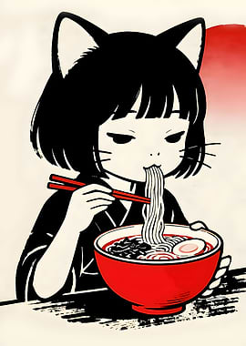 Anime Cat Girl Eating Ramen