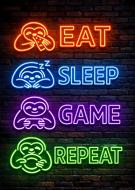 Eat Sleep Game Repeat Neon Sloths