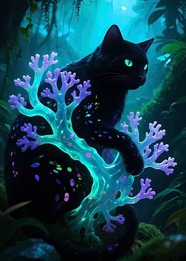 Black cat with glowing coral