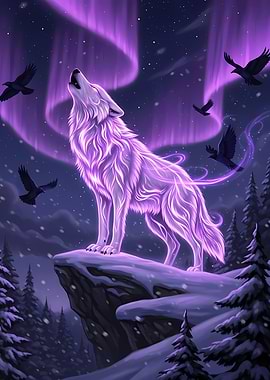 Wolf Howling Under Aurora Borealis