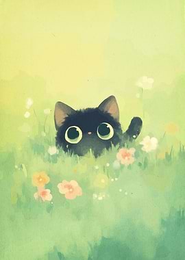 Black Cat in a Flower Field